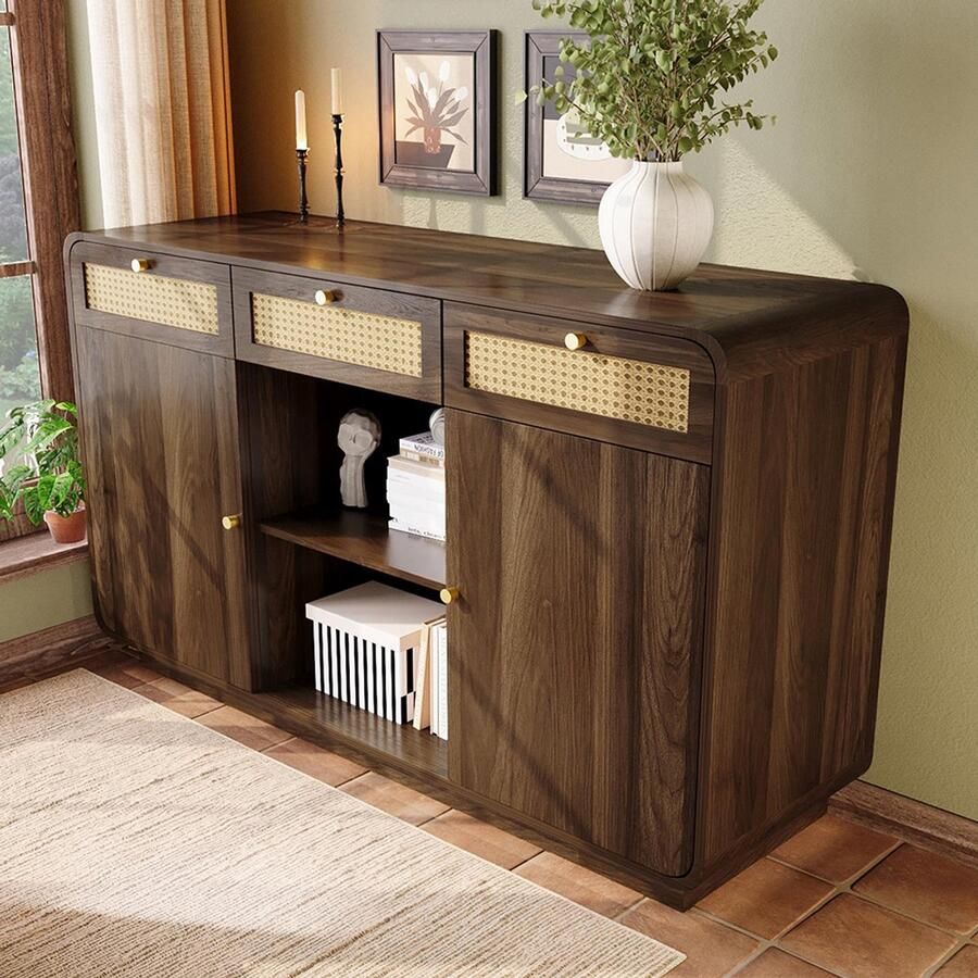 Pugsdrly Sideboard 120 cm in notenhout ladekast met rotan en vergulde handgrepen 3 lades + 2 kasten + open plank in hoogte verstelbare planken H85 L120 D40 cm