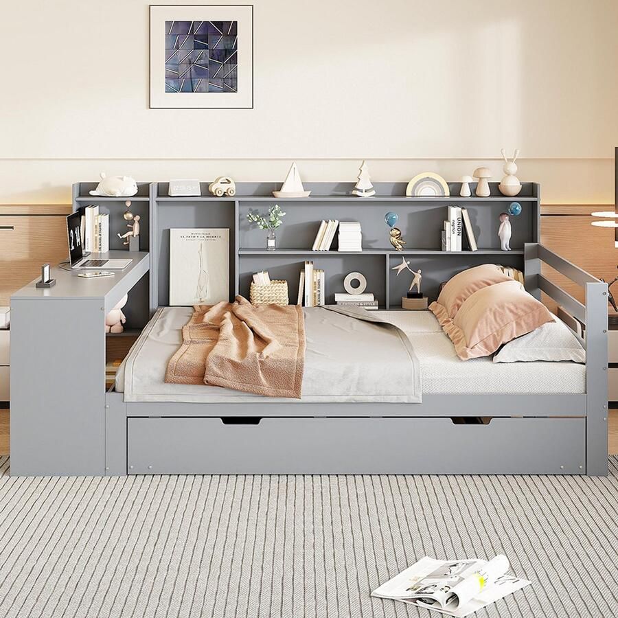 Pugsdrly Slaapbank 140x200 cm van massief hout Met bureau & boekenplanken Opbergvakken en planken Voorzien van stopcontacten Uitschuifbaar gastenbed onder het bed Multifunctioneel houten bed Grijs