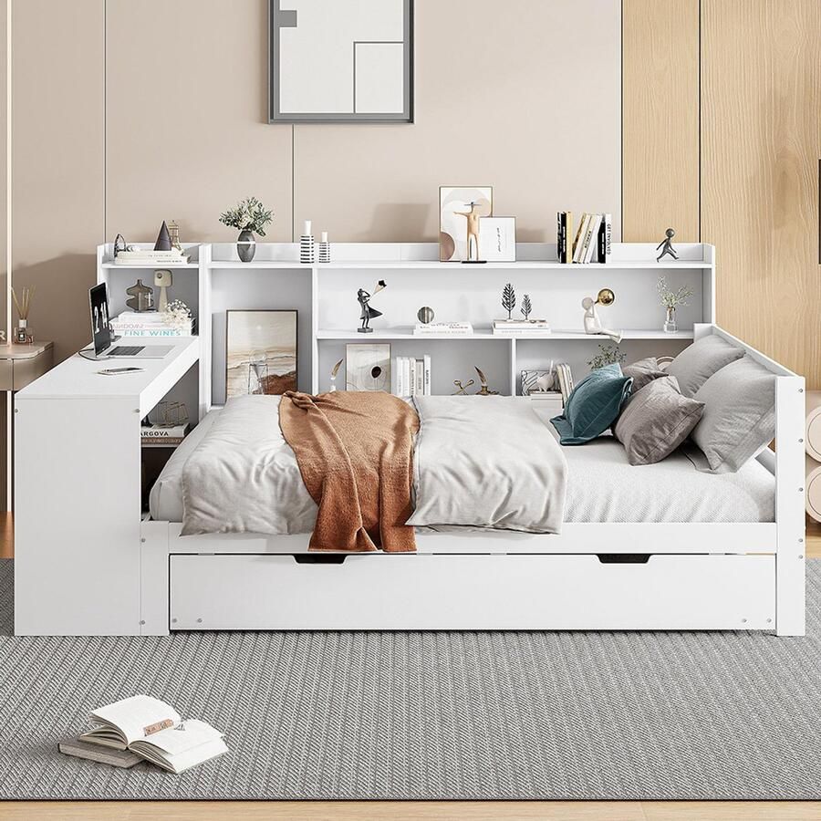 Pugsdrly Slaapbank 140x200 cm van Massief Hout met Bureau Boekenplanken Opbergvakken Stopcontacten en Uitschuifbaar Gastenbed Onder het Bed Multifunctioneel Houten Design