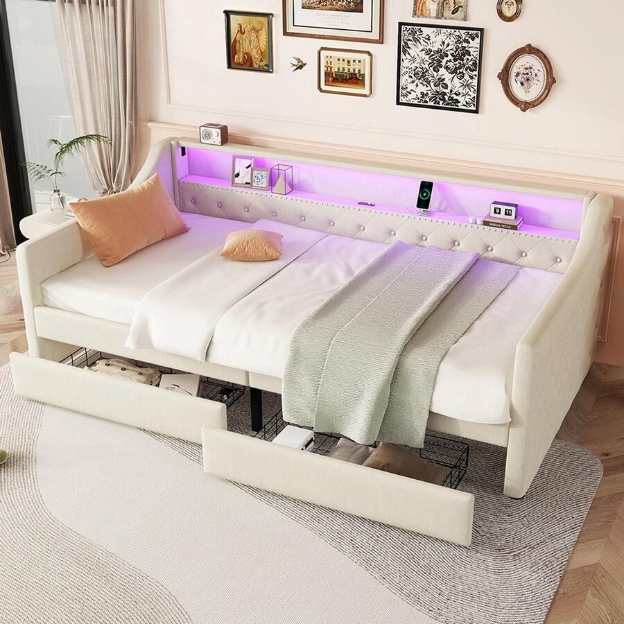 Pugsdrly Slaapbank 90 x 200 cm slaapbank dagbed met lattenbodem (zonder matras) sfeerverlichting met afstandsbediening bed met twee lades USB-oplaadpoort linnen beige