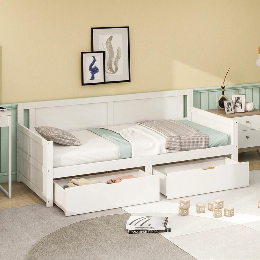 Pugsdrly Slaapbank 90*200 eenpersoonsbed met twee opbergvakken massief houten frame massief houten bed jeugdbed kinderbed wit
