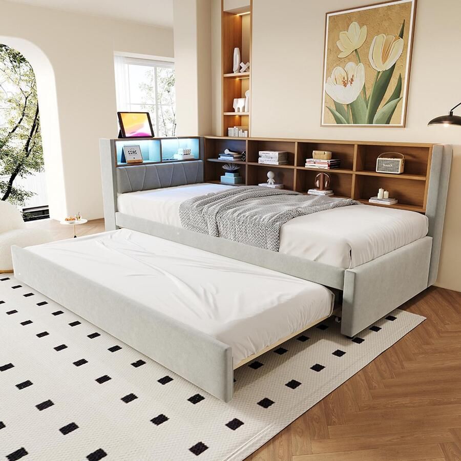 Pugsdrly Slaapbank 90*200 uitschuifbed 90*190 uitgerust met ledlampen stopcontacten en talrijke opbergvakken gestoffeerd bed multifunctionele slaapbank eenpersoonsbed flanel lichtgrijs