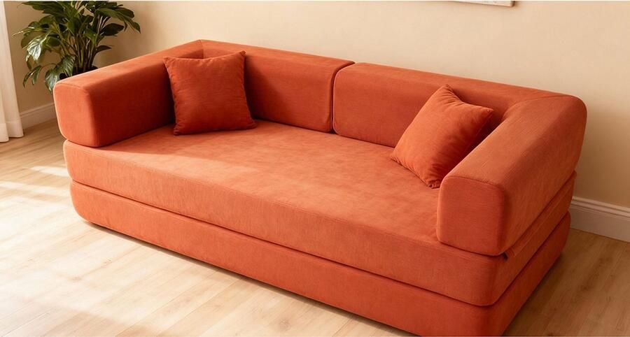 Pugsdrly Slaapbank met cilindervormig kussen opvouwbare slaapbank van corduroy met vast frame salonbank voor woonkamer slaapkamer studio (oranjerood)