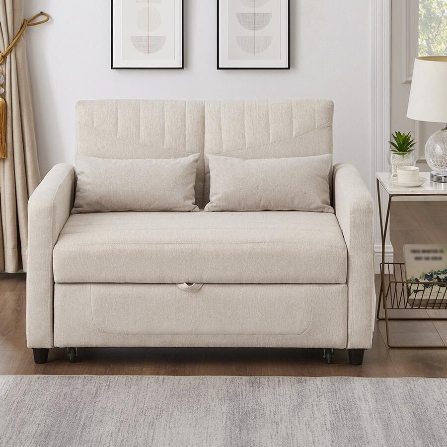 Pugsdrly [Slaapbank met slaapfunctie] Tweepersoons slaapbank uitschuifbaar ontwerp eenvoudig en modern eigentijdse stijl rugleuning in drie standen verstelbaar ademende katoen en linnen stof