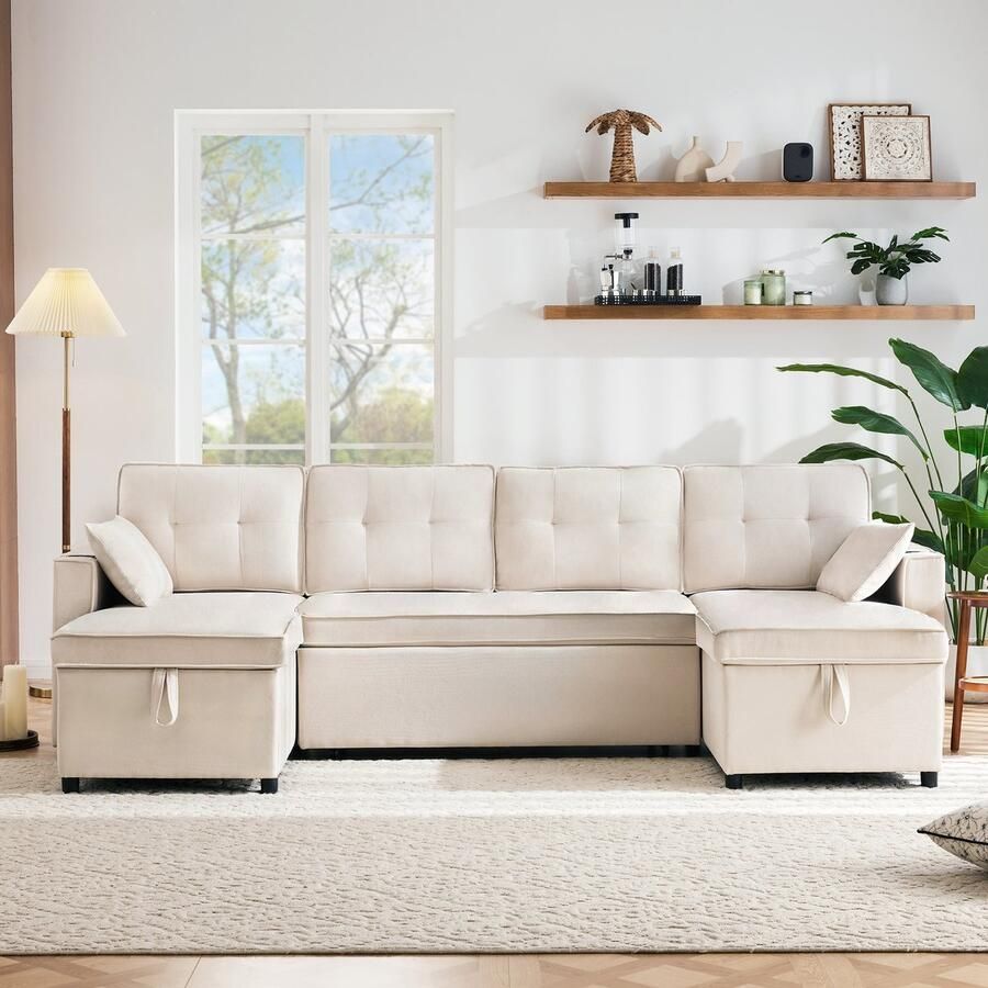 Pugsdrly Slaapbank met slaapfunctie U-vormige bank gestoffeerde bank katoen en linnen bekleding met bekerhouders twee opbergvakken geschikt voor gezinnen voor de woonkamer en andere ruimtes