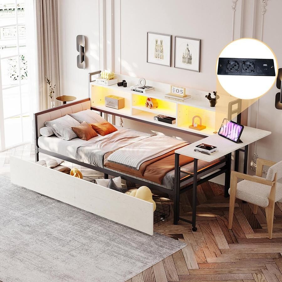Pugsdrly Slaapbank van ijzer 90 x 200 cm met ledverlichting en opbergruimte met lades en multifunctioneel stopcontact opklapbaar bureau zachte rugleuning eenpersoonsbed wit