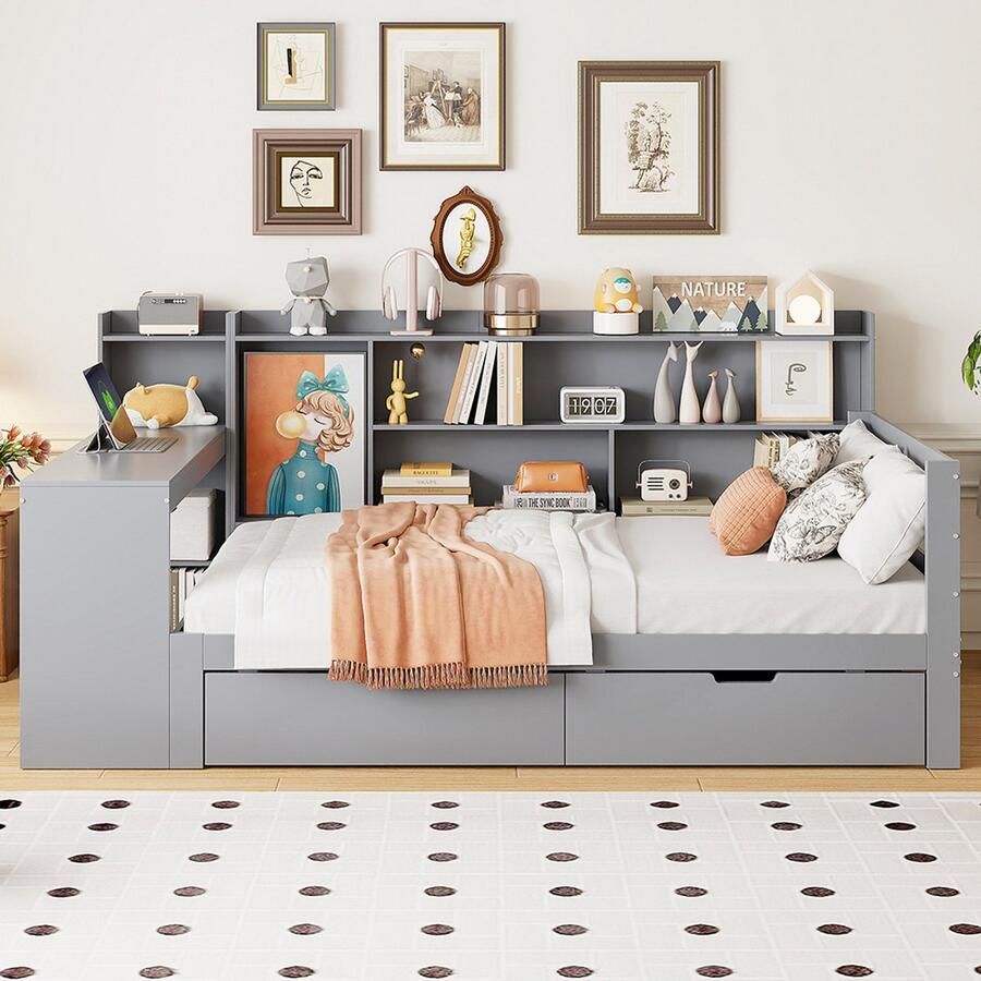 Pugsdrly Slaapbank van massief hout 90*200 cm met bureau plank vakken en rekken met stopcontact met 2 grote vakken multifunctioneel bed van hout grijs