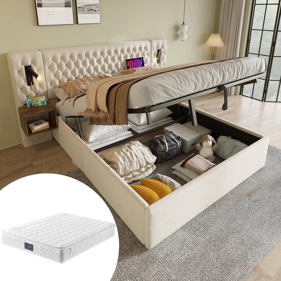 Pugsdrly Slaapkamer complete set gestoffeerd bed met hydraulisch opbergbed tweepersoonsbed 160×200 cm met 2 nachtkastjes hoofdbord met leeslampje met USB-oplaadfunctie 241×210×105 cm beige fluweel (met matras)