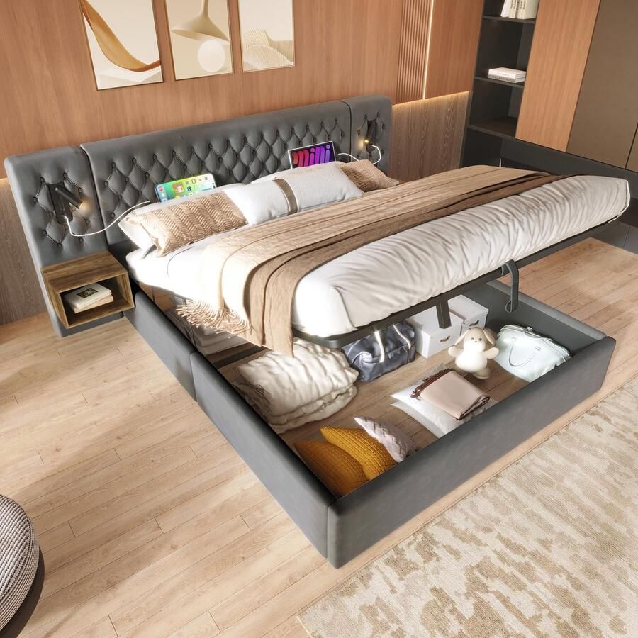 Pugsdrly Slaapkamer complete set gestoffeerd bed met hydraulisch opbergbed tweepersoonsbed 160×200 cm met 2 nachtkastjes hoofdeinde met leeslampje met USB-oplaadfunctie 241×210×105 cm grijs fluweel (zonder matras)