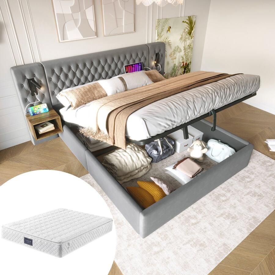 Pugsdrly Slaapkamer set compleet gestoffeerd bed met hydraulisch opbergbed tweepersoonsbed 160×200 cm met 2 nachtkastjes hoofdbord met leeslampje en USB-oplaadfunctie 241×210×105 cm grijs fluweel (met matras)