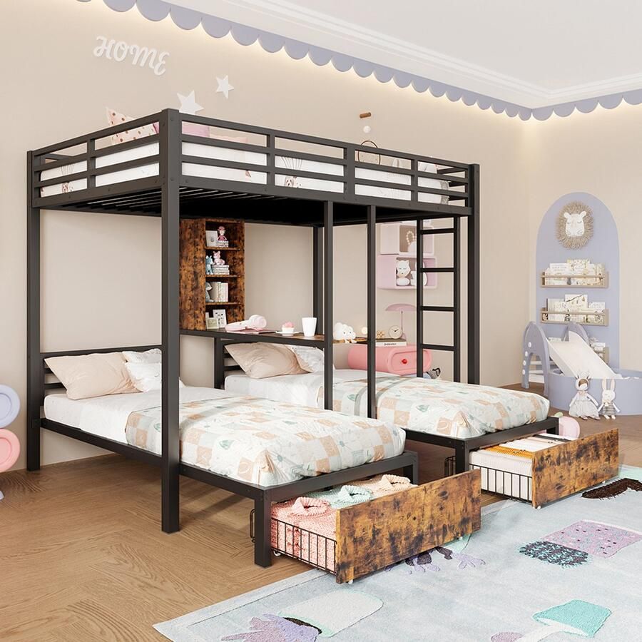 Pugsdrly Stapelbed 140 x 200 cm + 90 x 200 cm 3 bedden met zijhekken met opbergvakken 2 lades planken zonder matras zwart