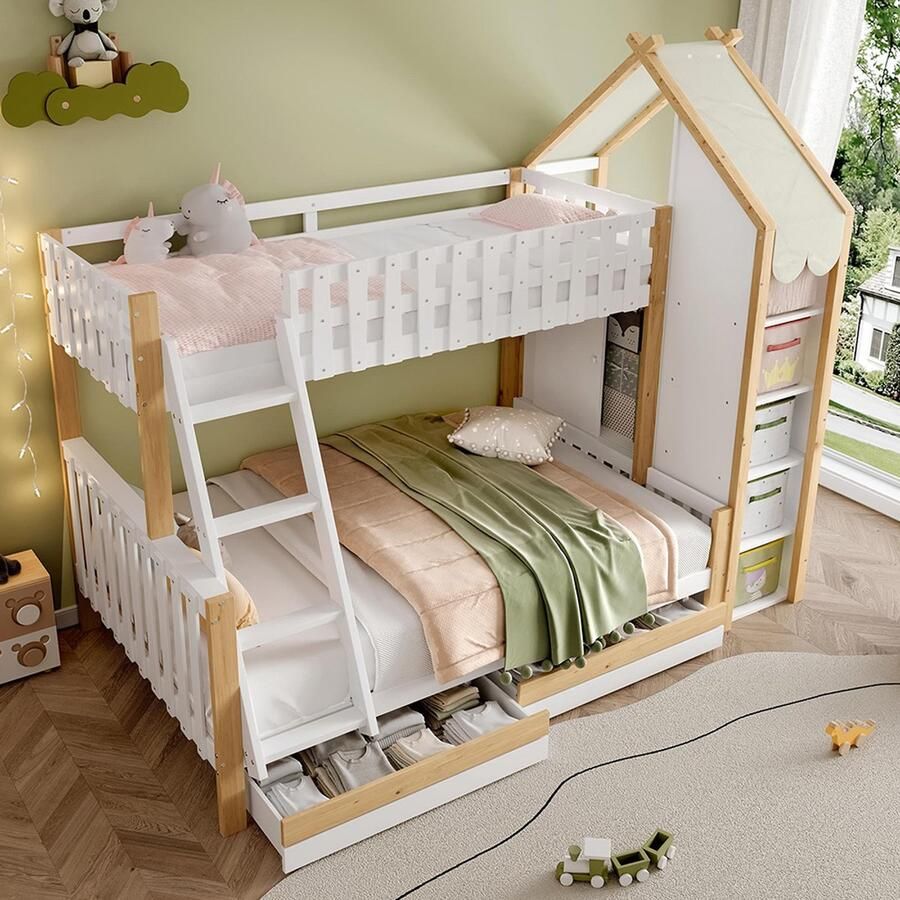 Pugsdrly Stapelbed 90 x 200 cm + 140 x 200 cm veiligheidshek leuning ladder 2 lades onregelmatig hek zonder matras wit + naturel