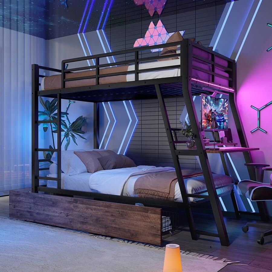 Pugsdrly Stapelbed 90 x 200 cm ijzeren frame led-strip lades leuning trap bureau zonder matras zwart