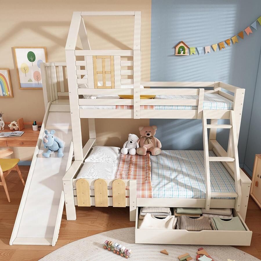Pugsdrly Stapelbed 90 x 200 en 140 x 200 cm huisbed met lade glijbaan en ladder hoogslaper voor kinderen met lattenbodem hutontwerp veiligheid EN747-1:2024 (zonder matras)