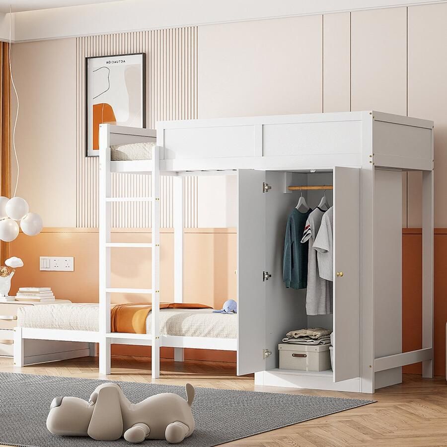 Pugsdrly Stapelbed 90*200 cm met verticale veiligheidsladder kledingkast hoog hekwerk lattenbodem kinderbed stapelbed wit