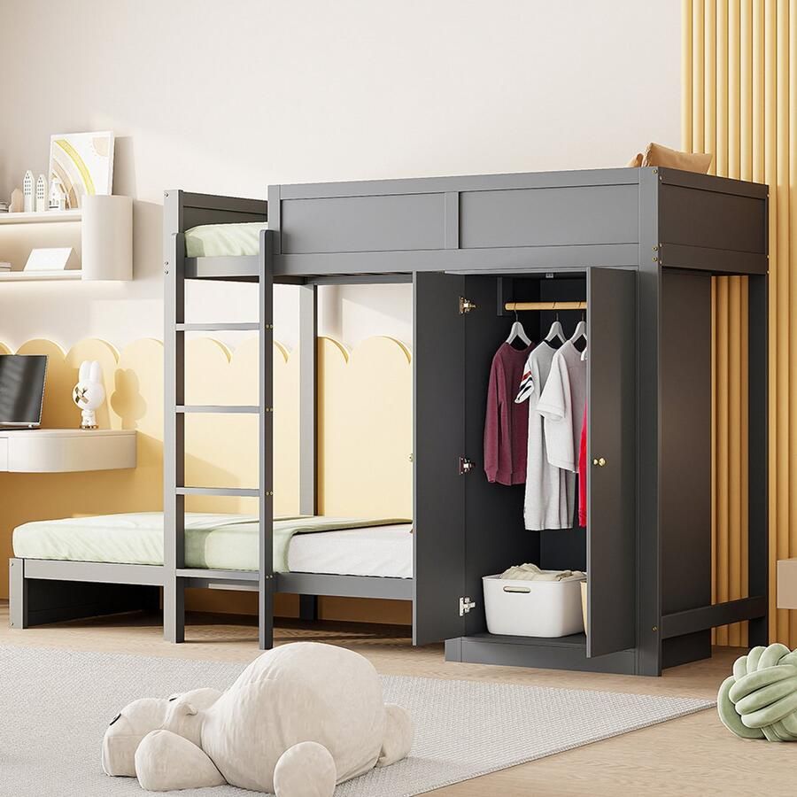 Pugsdrly Stapelbed 90*200 cm met verticale veiligheidsladder kledingkast hoog hekwerk lattenbodem kinderbed stapelbed grijs