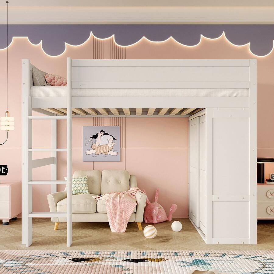 Pugsdrly Stapelbed 90*200 cm multifunctioneel kinderbed voorzien van een kast een opbergvak een open opbergruimte onder het bed zonder matras grenenhout wit