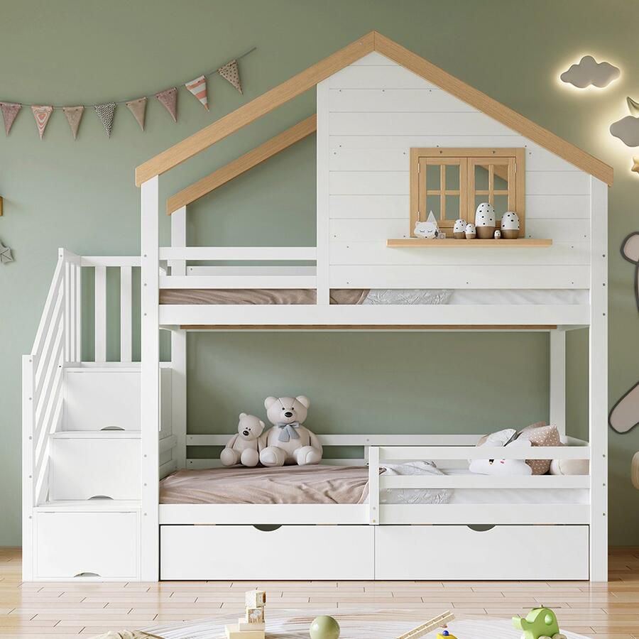 Pugsdrly Stapelbed houten bed grenen + MDF opbergtrap verfijnd ontwerp in de vorm van een huisje met een raam opbergruimte onder het bed wit + naturel 90x200cm