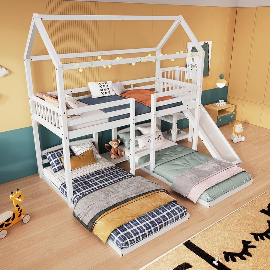 Pugsdrly Stapelbed huisbed kinderbed stapelbed met glijbaan open plank met ladder met drie treden ontworpen met drie bedposities frame van grenenhout kinderbed met dak grenenhout + MDF wit 90x200cm