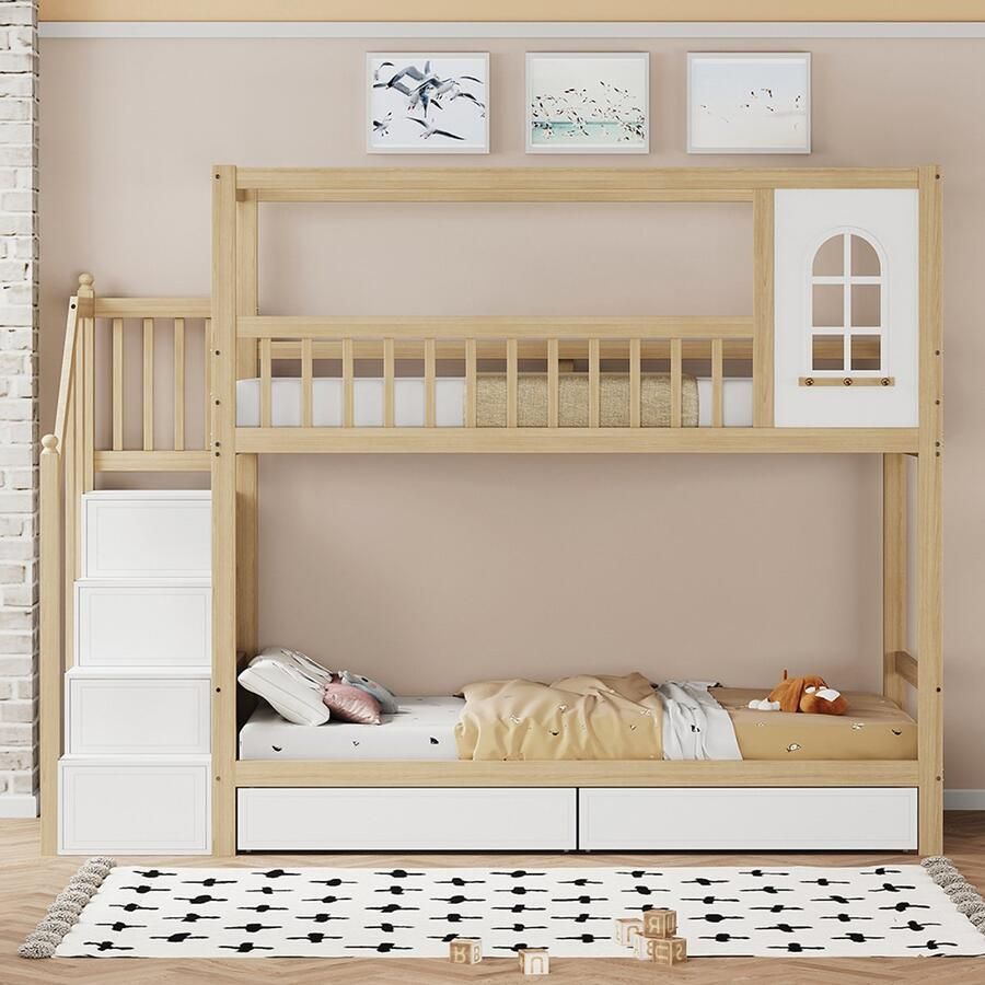 Pugsdrly Stapelbed kinderbed 90*200 cm massief houten tweepersoonsbed huisvorm met ramen veiligheidshek met opberglades en veiligheidsladder jongens-meisjesbed tienerbed houtkleur