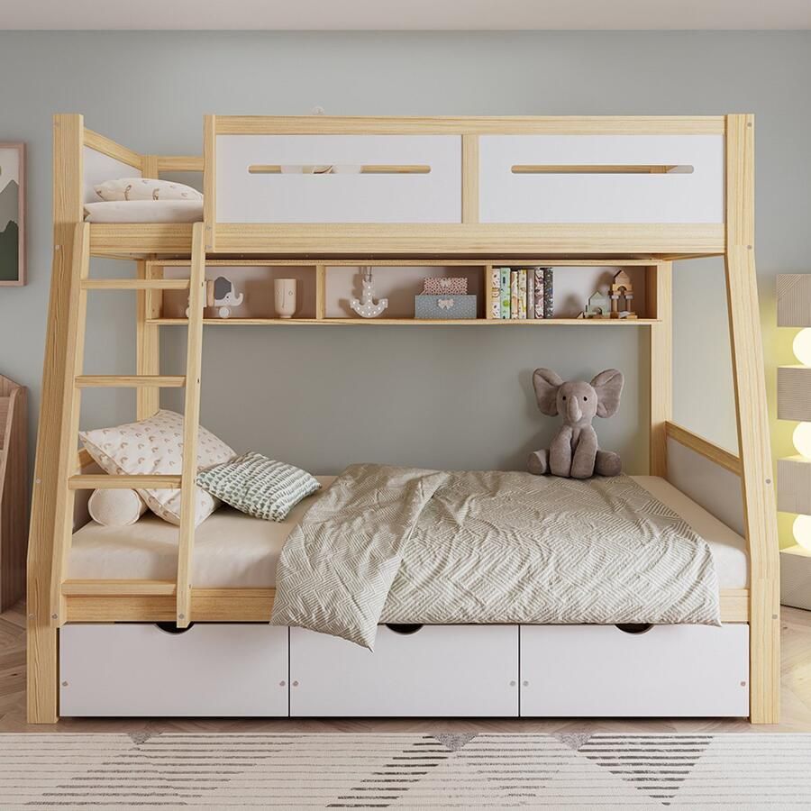 Pugsdrly Stapelbed kinderbed drie lades op wieltjes boekenrek van 2 m veiligheidshek aan vier zijden en ladder grenen + MDF + multiplex wit + naturel 90 x 200 cm en 120 x 200 cm