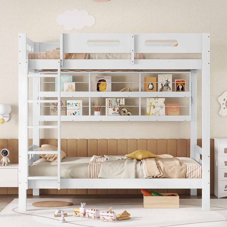 Pugsdrly Stapelbed kinderbed met veiligheidshek open plank ladder met vijf treden veel opbergruimte grenen + MDF wit 90 x 200 cm