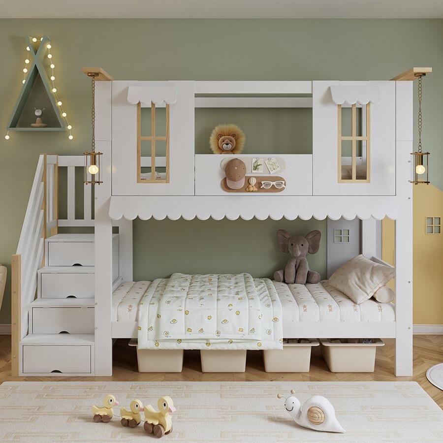 Pugsdrly Stapelbed kinderbed opbergtrap verfijnde ramen golvende rand met twee stukken vilt voor decoratie hangende decoraties grenen + MDF + multiplex wit + naturel 90 x 200 cm