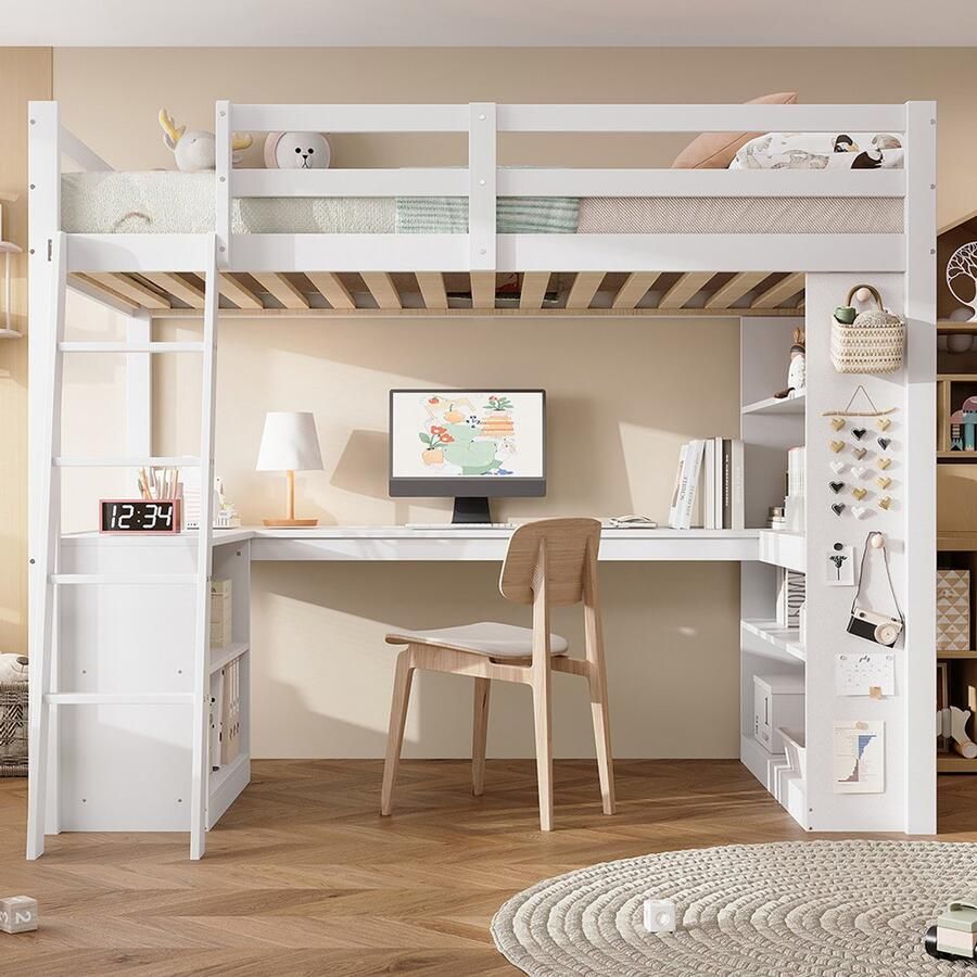 Pugsdrly Stapelbed kinderbed praktische opbergplank veiligheidshek vilten doek om spullen aan op te hangen stabiele schuine ladder grenen + spaanplaat + multiplex wit 90 x 200 cm