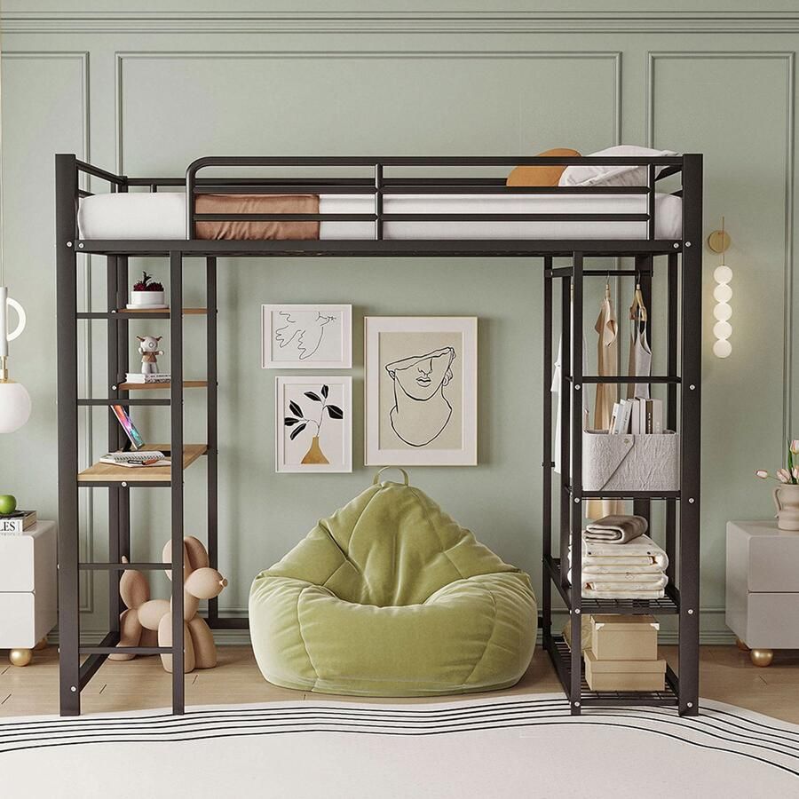 Pugsdrly Stapelbed met ladder 90*200 cm eenpersoonsbed voor kinderen met hangtafel en opbergvakken zwart