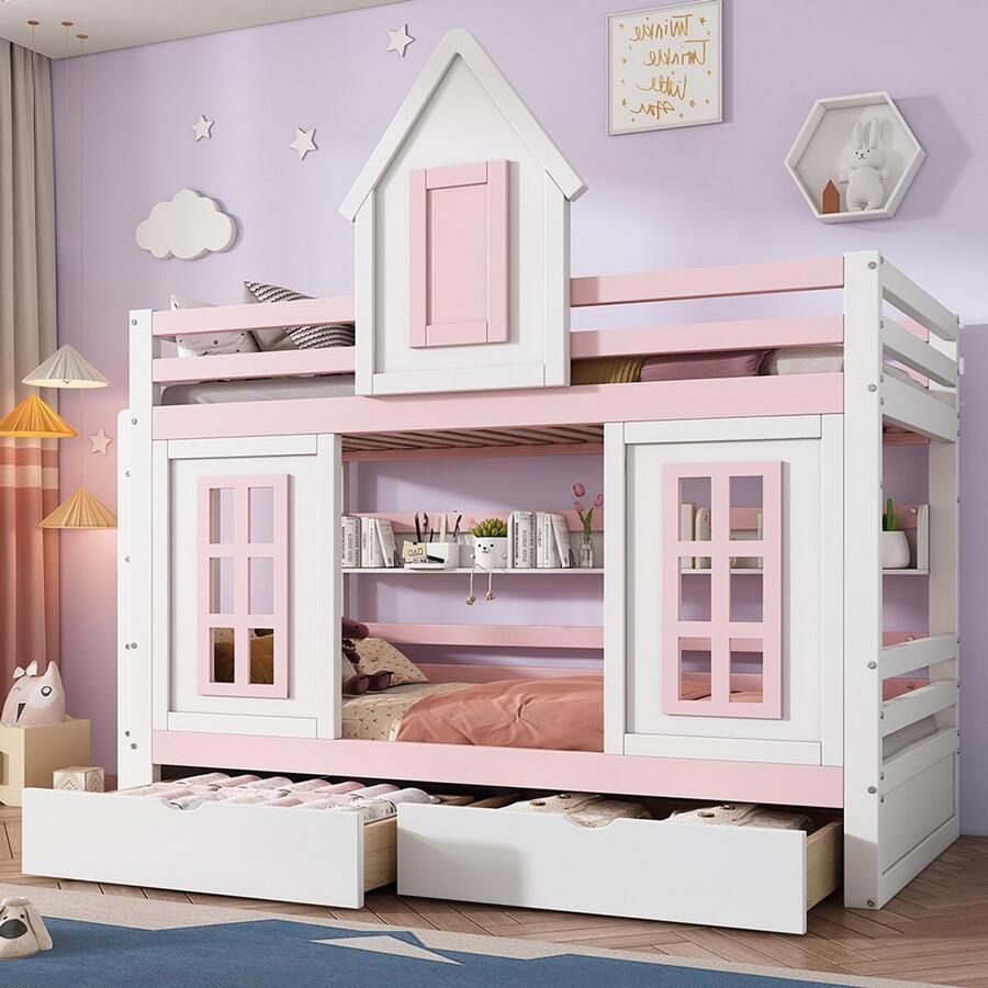 Pugsdrly Stapelbed prinsessenbed kinderbed met dak en raam met valbeveiliging stabiele leuning twee lades met wieltjes open plank veel opbergruimte grenenhout+MDF wit+roze