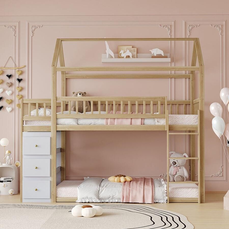 Pugsdrly Stapelbed voor kinderen 90 x 200 cm Huisvorm Met opberglade en planken Kleur hout