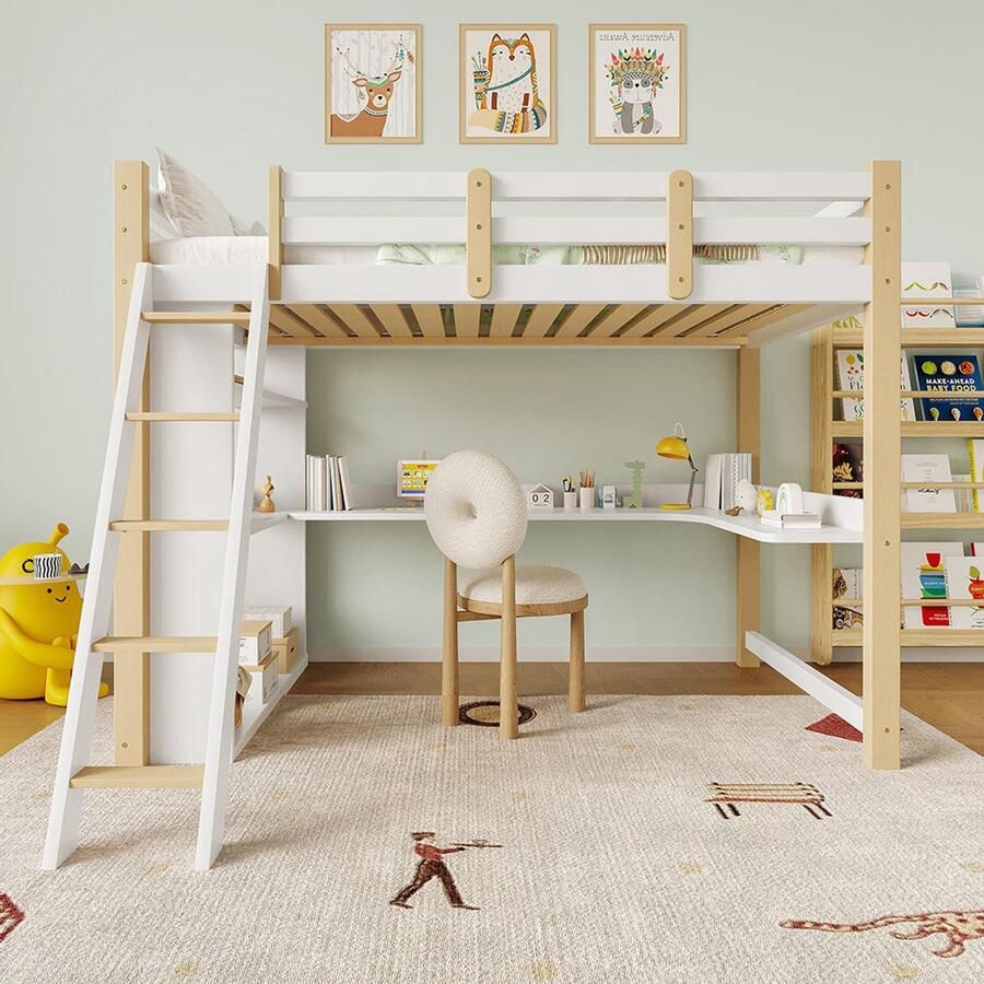Pugsdrly Stapelbed voor kinderen 90 x 200 cm met veiligheidshekken en lattenbodem kinderbed met schuine ladder geïntegreerd bureau en planken stapelbed van massief hout multifunctioneel familiebed in wit - Foto 2