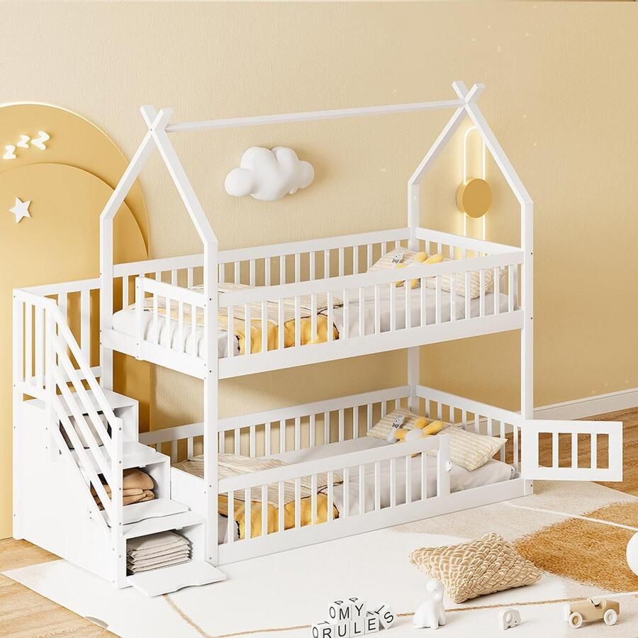 Pugsdrly Stapelbed voor kinderen 90 x 200 Massief houten bed met dak veiligheidsladder en opberglades opbergruimte Eenpersoonsbed wit
