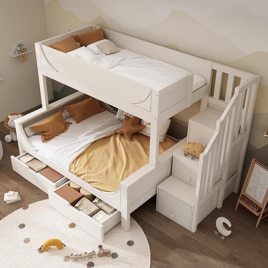 Pugsdrly Stapelbed voor kinderen met ladder en lades elegant ontwerp in de vorm van een slee houten bed met veiligheidshek en lattenbodem tweepersoonsbed 90 x 200 cm boven 140 x 200 cm onder wit (zonder matras)