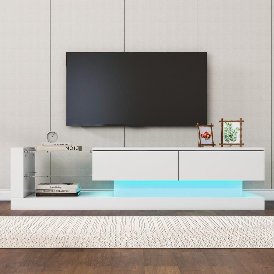 Pugsdrly Stijlvolle witte hoogglans tv-kast – 1 4 meter lang 16-kleurige ledverlichting 60 inch tv-oppervlak – een meubelstuk dat elegantie en functionaliteit combineert