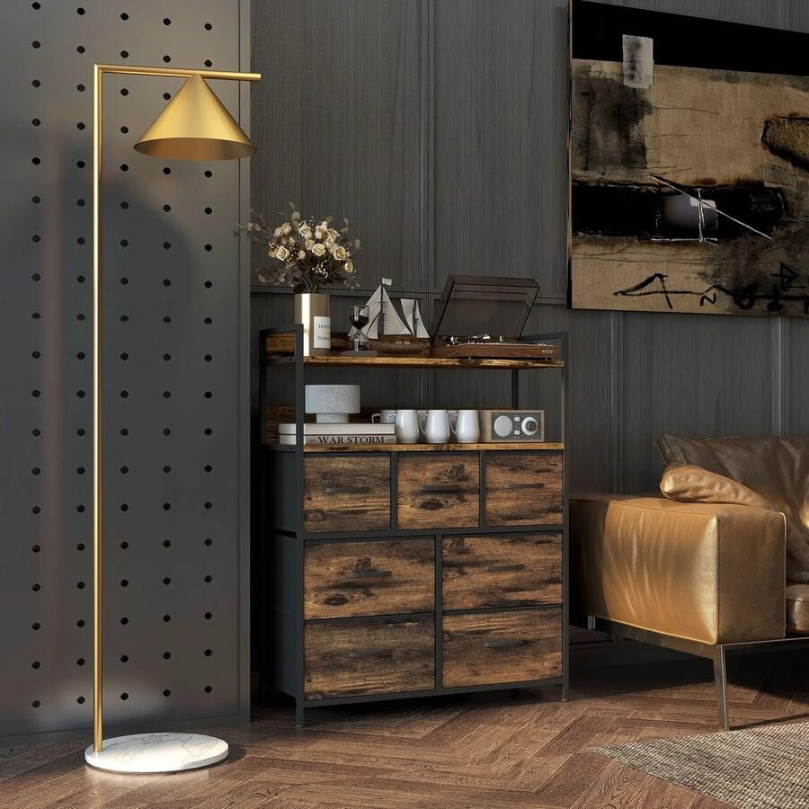 Pugsdrly Stoffen ladekast 7 opvouwbare lades 2 planken stalen frame bruin