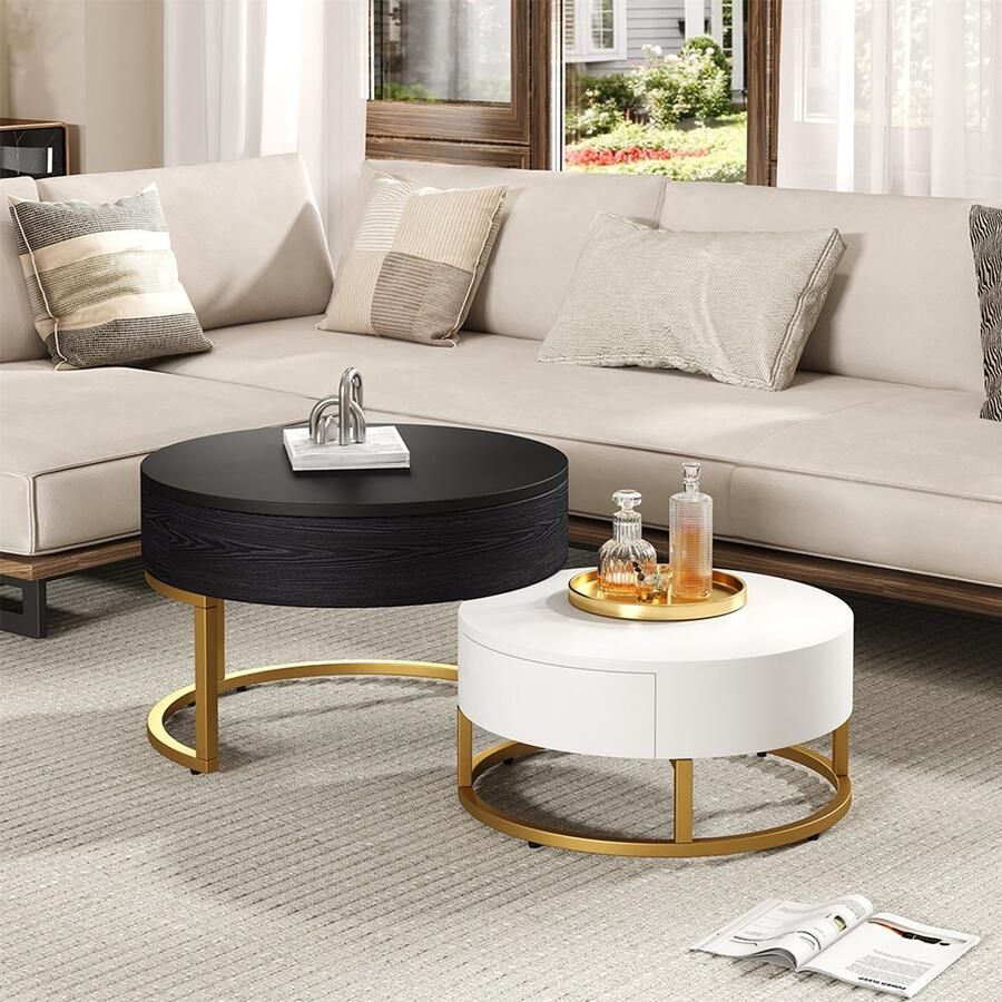 Pugsdrly Tafel Bijzettafel rond gouden combinatie neerklapbaar met twee lades Set van 2 stuks Wit en Zwart