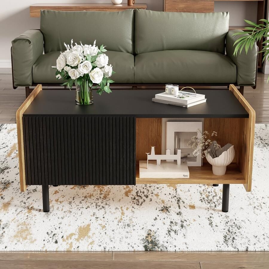 Pugsdrly Tafel Moderne bijzettafel twee open vakken en twee scharnierende deuren zacht sluitend zwart en hout