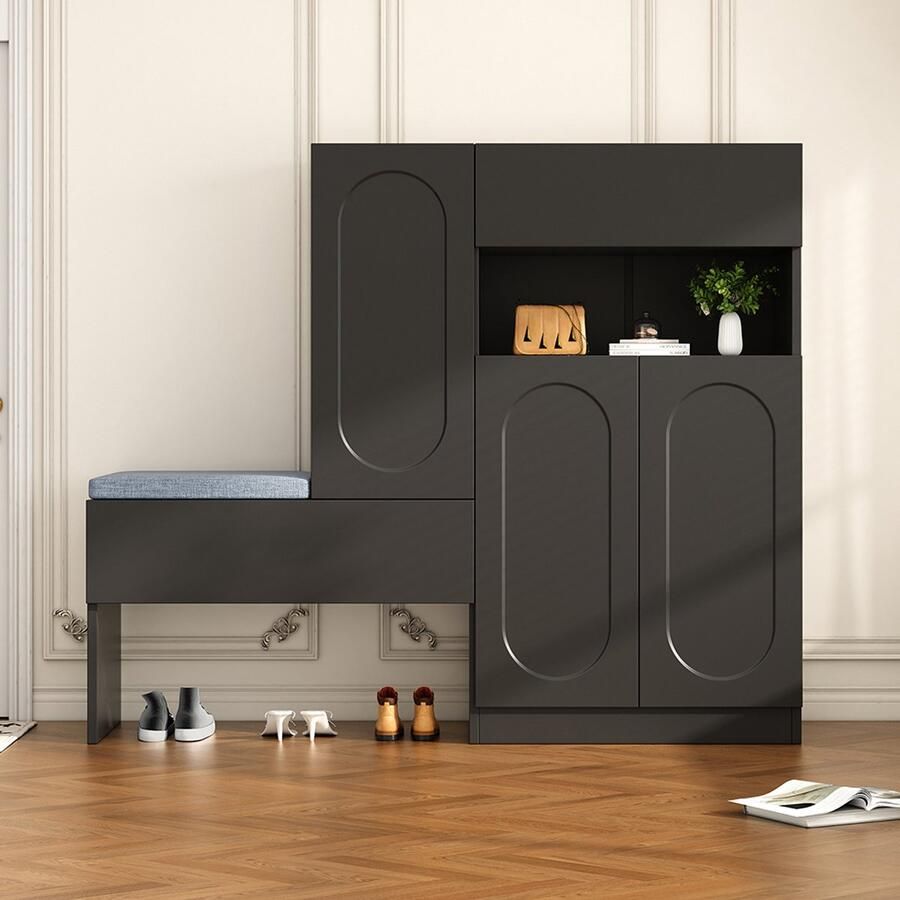 Pugsdrly Trendy 2-in-1 schoenenkast met gebogen deuren – klapdeur met softclose-functie in hoogte verstelbare vakken en beklede zitbank zwart 130×35×110 cm