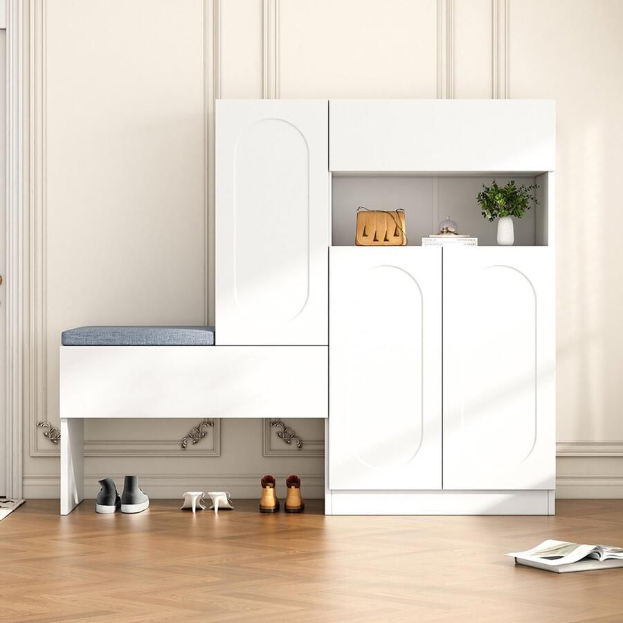 Pugsdrly Trendy 2-in-1 schoenenkast met gebogen deuren – neerklapbare deur met softclose-functie in hoogte verstelbare vakken en beklede bank wit 130 × 35 × 110 cm