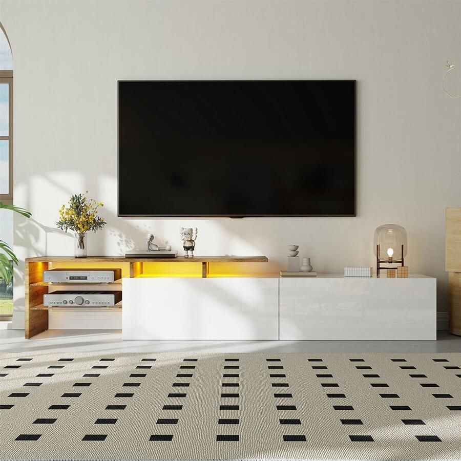 Pugsdrly TV-kast 170 L x 33 B x 33 5 H cm in hoogglans wit met houtlook stijlvolle opbergruimte glazen planken en LED-verlichting