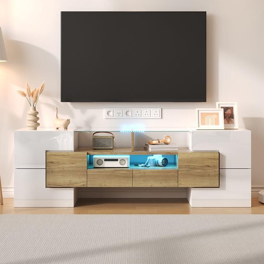 Pugsdrly TV-kast lowboard 145 cm hoogglans wit met led-verlichting modern design elegant glazen oppervlak geschikt voor woonkamer