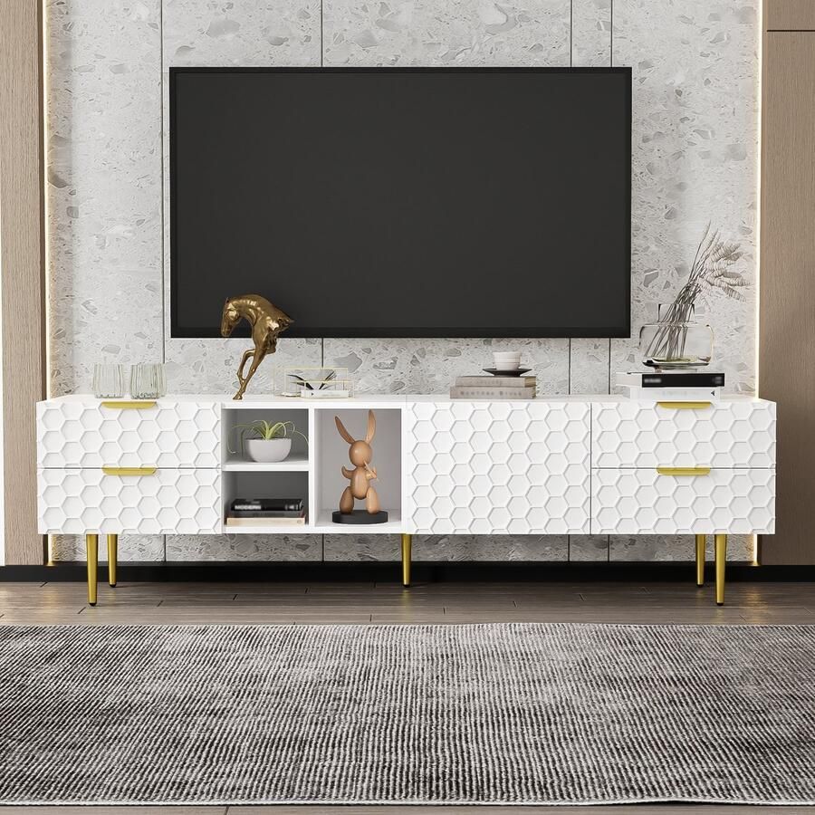 Pugsdrly TV-kast lowboard met gestructureerde deuren tv-meubel met lades open vakken gouden handgrepen en gouden poten