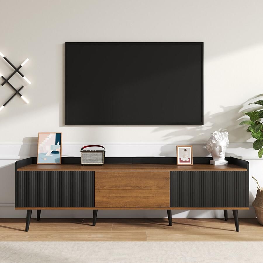 Pugsdrly Tv-meubel tv-tafel tv-houder laag meubel met drie deuren. Compacte constructie. Afwerking in zwart en naturel hout. Hoogte 49 5 cm lengte 160 cm breedte 39 cm