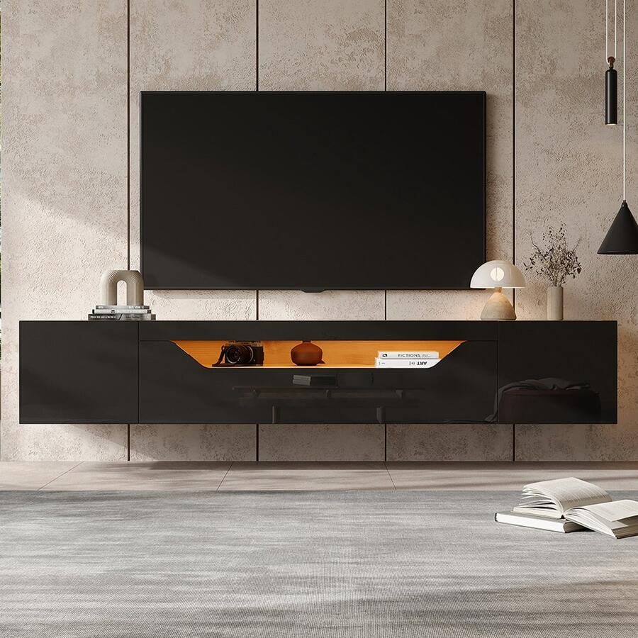 Pugsdrly TV-kast met Zwevend Hangbord 180 × 37 × 36 cm Zwart + Originele Houtkleur Hoogglans met 2 Opbergvakken en 1 Neerwaarts Openend Opbergvak met LED-verlichting Geschikt voor 75 Inch TV Wandmontage Mogelijk