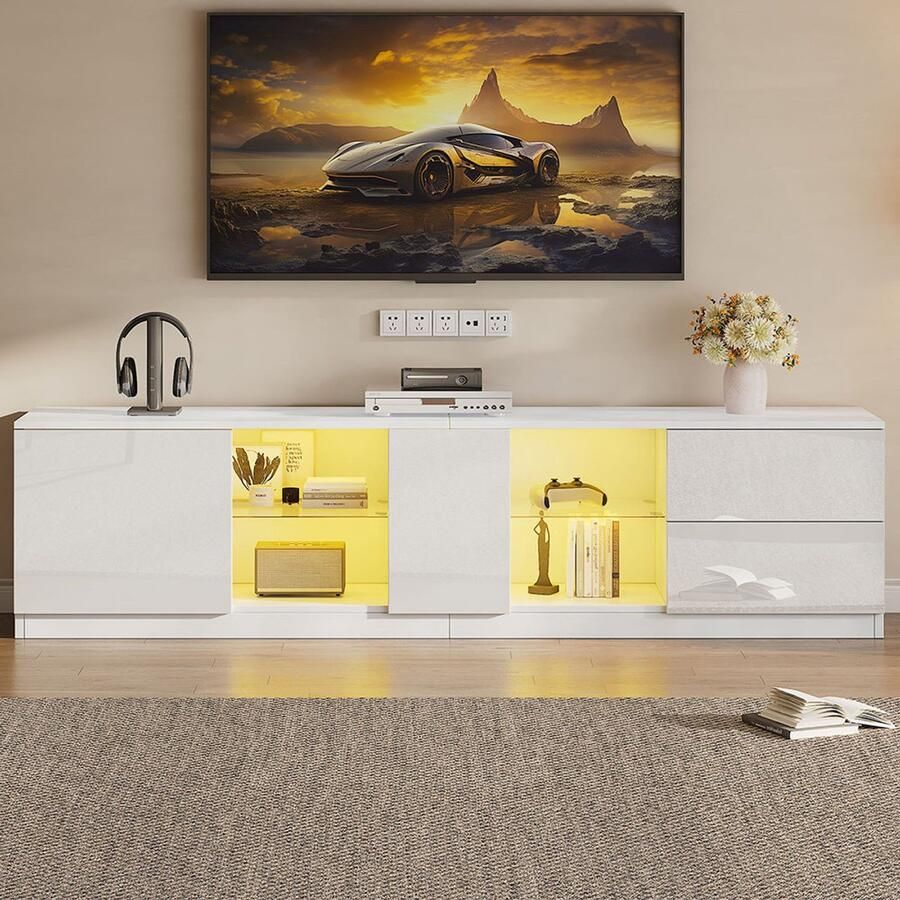 Pugsdrly TV-meubel 160 x 40 x 52 cm glanzende ladekast dressoirs met LED-verlichting onderkasten geschikt voor 65-inch TV-toestellen geschikt voor woonkamer en slaapkamer