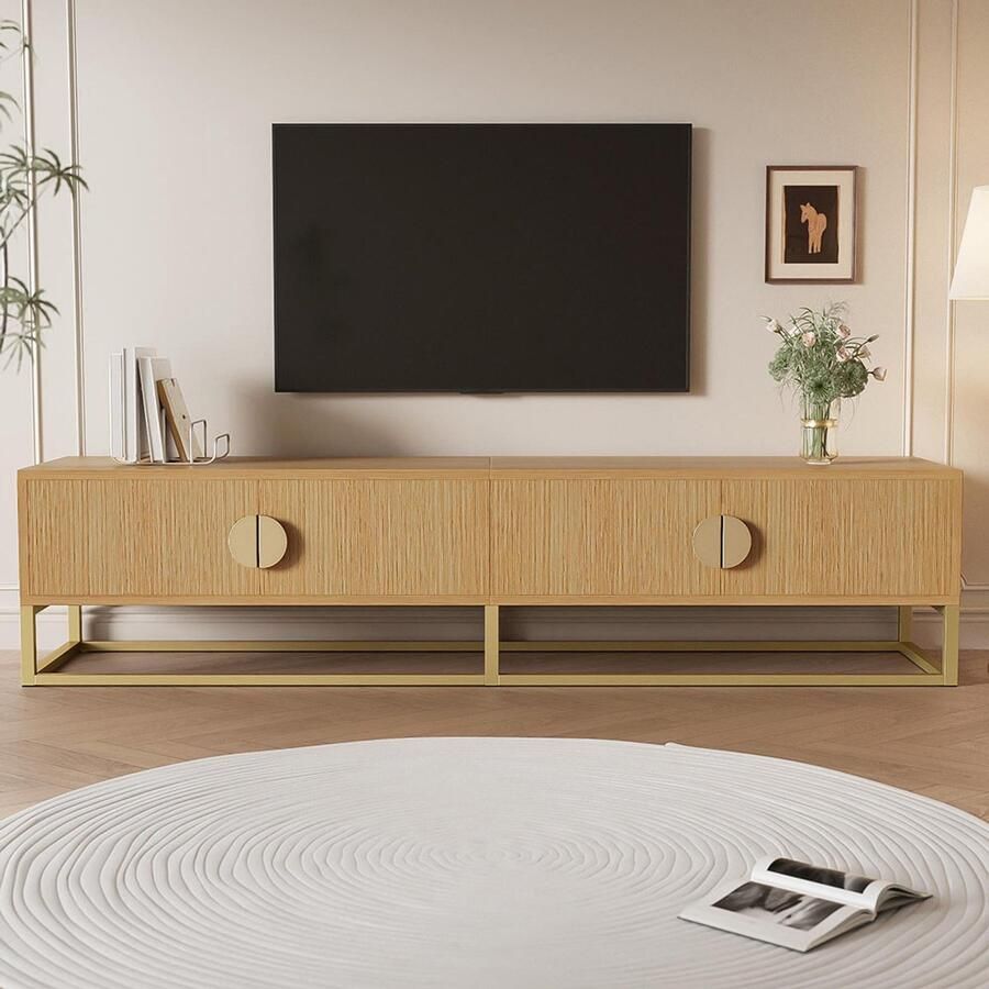 Pugsdrly TV-meubel 180 cm met houtnerf – modern eetkamermeubel 4 deuren halfronde handgrepen