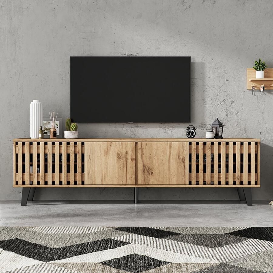 Pugsdrly TV-meubel 180 x 40 x 55 cm onderkasten in originele houtkleur 8 aparte opbergvakken TV-standaard TV-meubel en multimediacenter geschikt voor 70-inch TV-toestellen ideaal voor de woonkamer