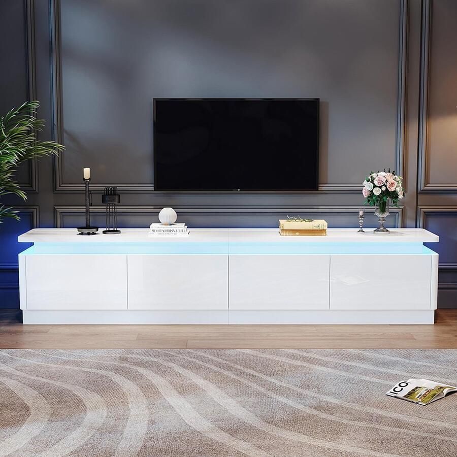 Pugsdrly TV-meubel 180*34*40 cm met 4 lades TV-meubel en TV-kast met LED-verlichting glanzend laag meubel en TV-tafel TV-meubel en TV-commode geschikt voor tv's van ongeveer 80 inch wit