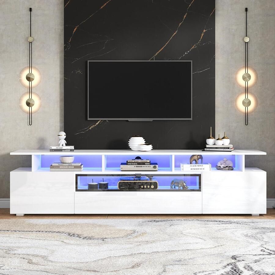 Pugsdrly TV-meubel 180*38*45 cm glanzende tv-steun tv-meubel met 2 kasten en 1 lade laag meubel met LED en 10 planken staand woonkamermeubel geschikt voor tv's van ongeveer 75 inch